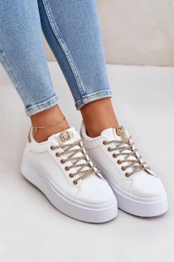 Boto Buty Sportowe Na Platformie|Sneakersy Damskie*Sneakersy Na Platformie Z Ozdobnymi Sznurówkami Biało-Złote Fonetha Biały