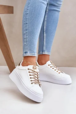 Boto Buty Sportowe Na Platformie|Sneakersy Damskie*Sneakersy Na Platformie Z Ozdobnymi Sznurówkami Biało-Złote Fonetha Biały