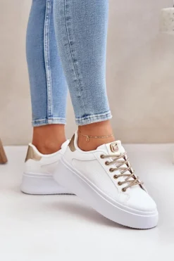 Boto Buty Sportowe Na Platformie|Sneakersy Damskie*Sneakersy Na Platformie Z Ozdobnymi Sznurówkami Biało-Złote Fonetha Biały