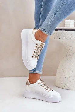 Boto Buty Sportowe Na Platformie|Sneakersy Damskie*Sneakersy Na Platformie Z Ozdobnymi Sznurówkami Biało-Złote Fonetha Biały