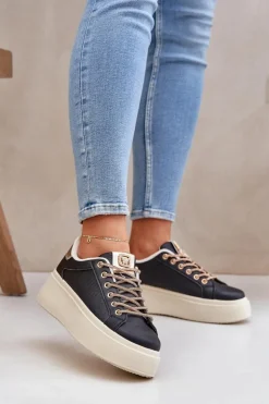 Damskie Boto Sneakersy Na Platformie Z Ozdobnymi Sznurówkami Czarne Fonetha