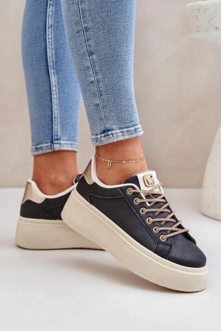 Damskie Boto Sneakersy Na Platformie Z Ozdobnymi Sznurówkami Czarne Fonetha