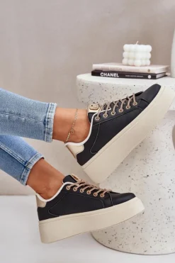 Damskie Boto Sneakersy Na Platformie Z Ozdobnymi Sznurówkami Czarne Fonetha