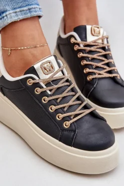 Damskie Boto Sneakersy Na Platformie Z Ozdobnymi Sznurówkami Czarne Fonetha