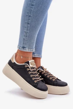 Damskie Boto Sneakersy Na Platformie Z Ozdobnymi Sznurówkami Czarne Fonetha