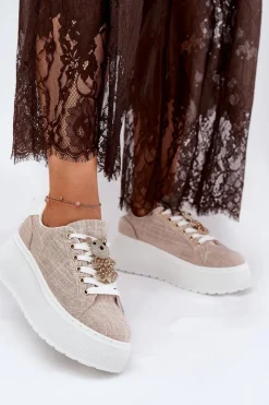 Damskie buty S.Barski Sneakersy Damskie*Sneakersy Na Platformie Z Przypinką Miś S.Barski BF51-014 Beżowe