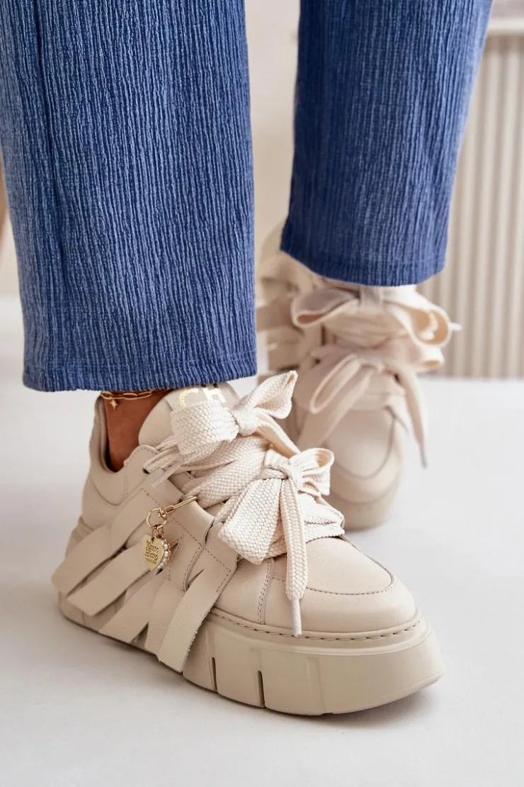 Best CheBello Sneakersy Skórzane Damskie Na Platformie Beżowe 4568