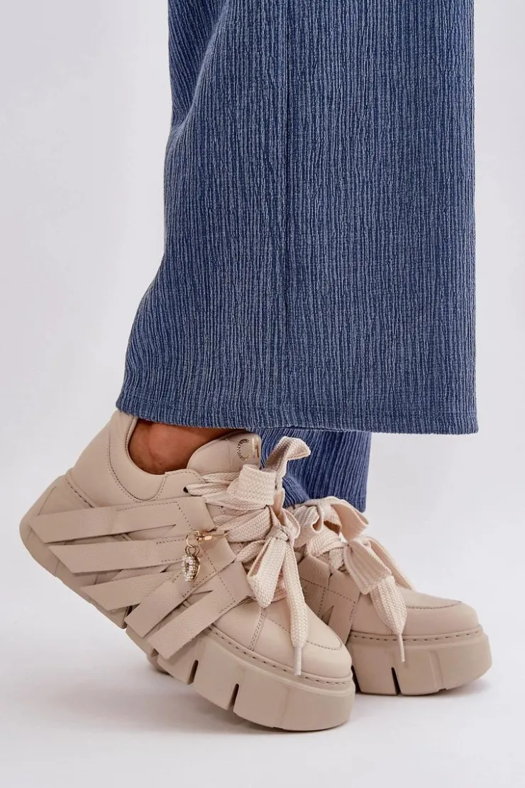 Best CheBello Sneakersy Skórzane Damskie Na Platformie Beżowe 4568