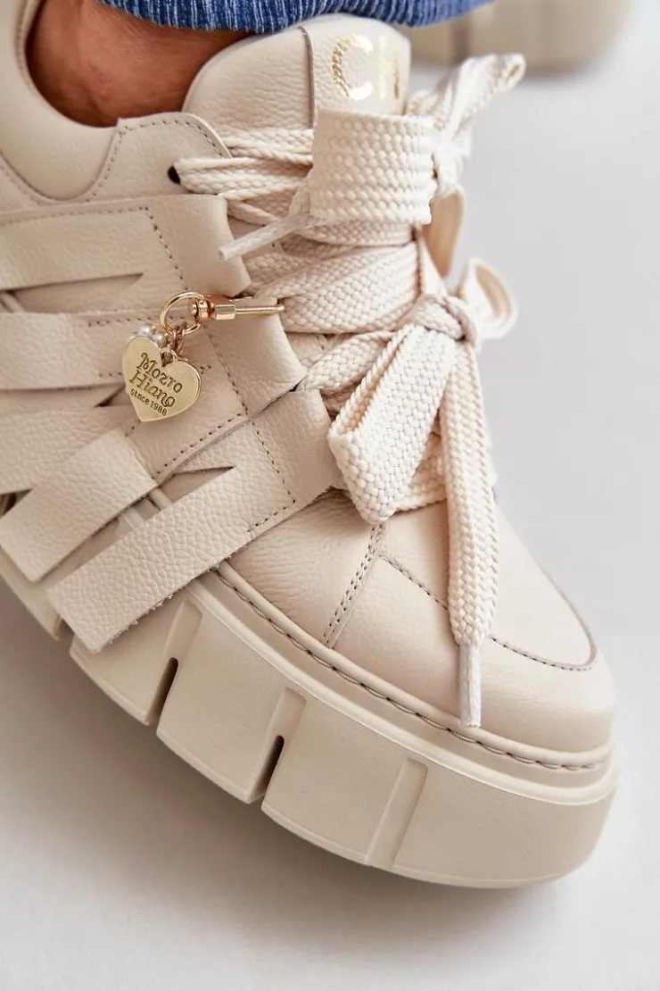 Best CheBello Sneakersy Skórzane Damskie Na Platformie Beżowe 4568