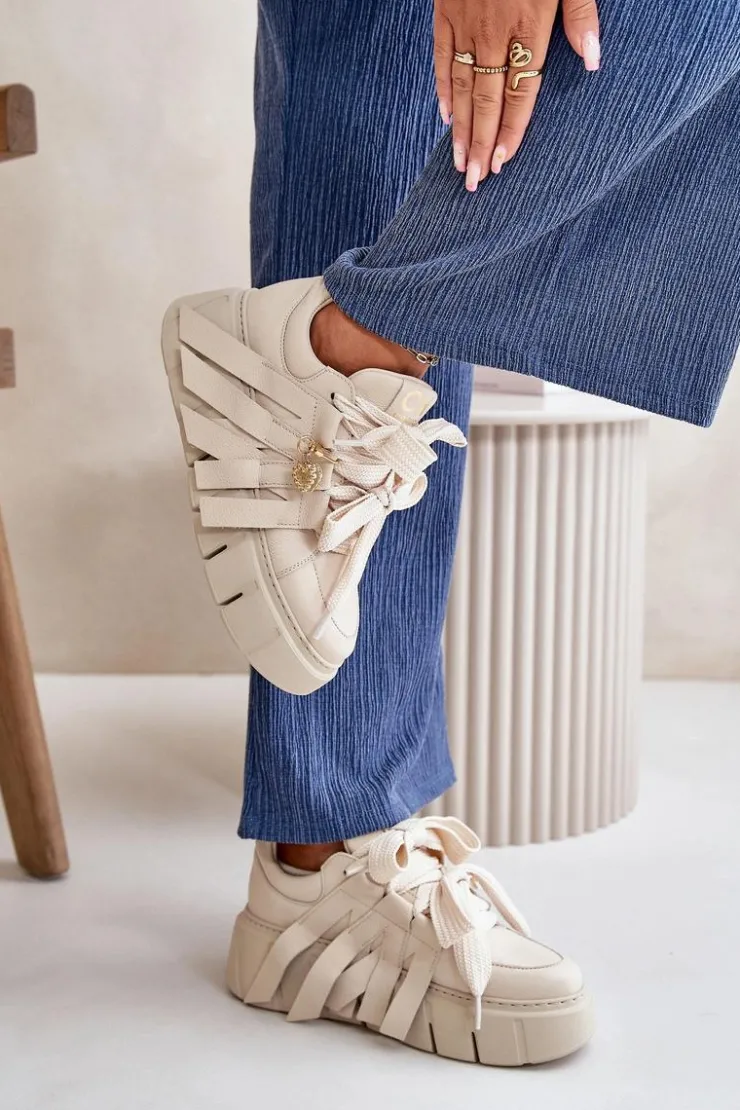 Best CheBello Sneakersy Skórzane Damskie Na Platformie Beżowe 4568