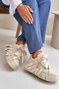 Best CheBello Sneakersy Skórzane Damskie Na Platformie Beżowe 4568