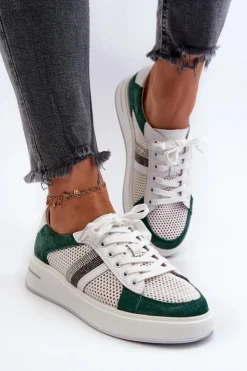 Hot Damskie buty S.Barski Sneakersy Skórzane Damskie D&A LR110 Zielono-Białe Zielony