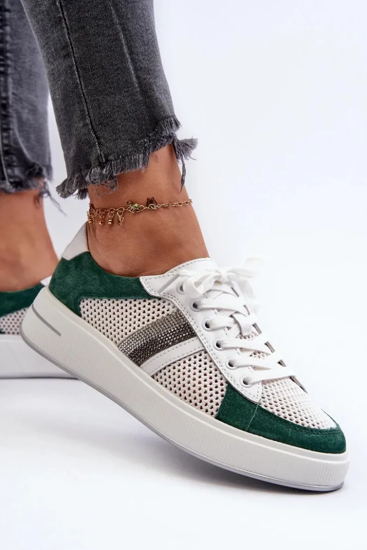 Hot Damskie buty S.Barski Sneakersy Skórzane Damskie D&A LR110 Zielono-Białe Zielony