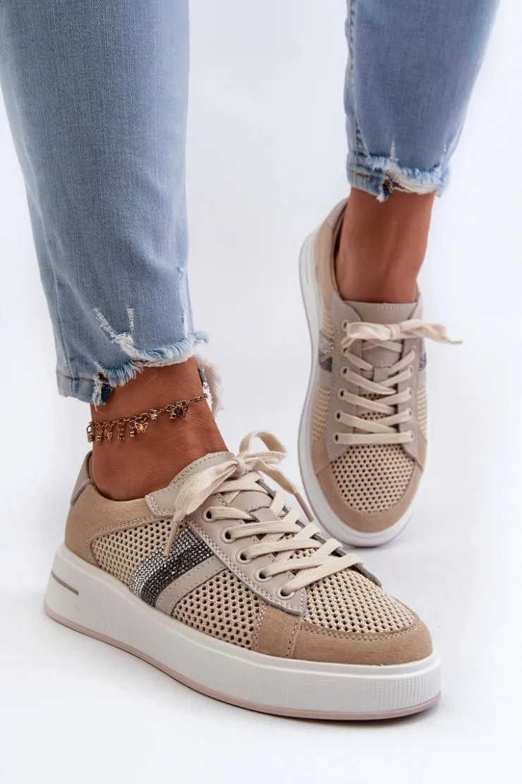 Damskie Damskie buty S.Barski Sneakersy Skórzane Damskie D&A LR110 Beżowe