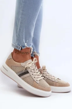 Damskie Damskie buty S.Barski Sneakersy Skórzane Damskie D&A LR110 Beżowe