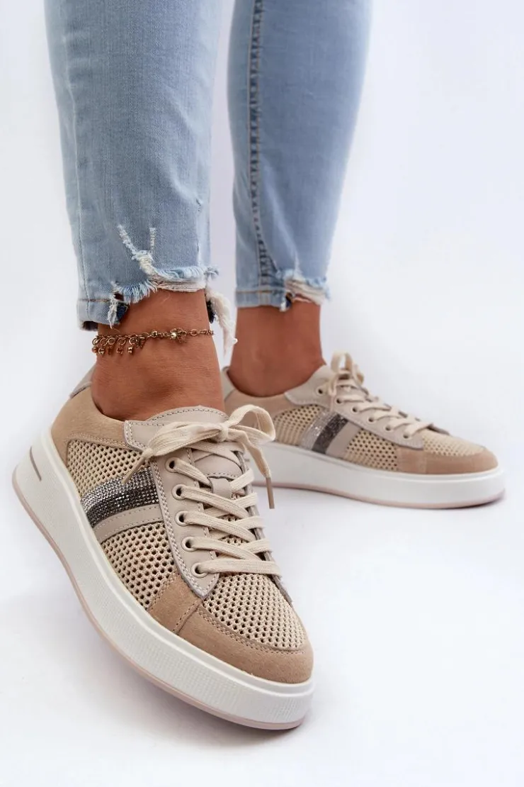 Damskie Damskie buty S.Barski Sneakersy Skórzane Damskie D&A LR110 Beżowe