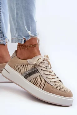 Damskie Damskie buty S.Barski Sneakersy Skórzane Damskie D&A LR110 Beżowe