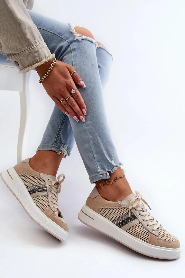 Damskie Damskie buty S.Barski Sneakersy Skórzane Damskie D&A LR110 Beżowe