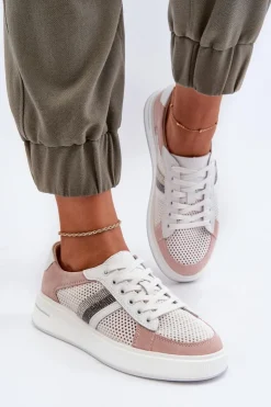 Damskie Damskie buty S.Barski Sneakersy Skórzane Damskie D&A LR110 Biało-Różowe