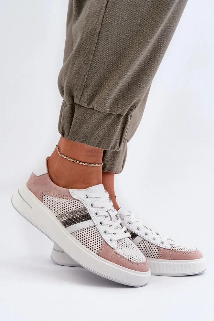 Damskie Damskie buty S.Barski Sneakersy Skórzane Damskie D&A LR110 Biało-Różowe