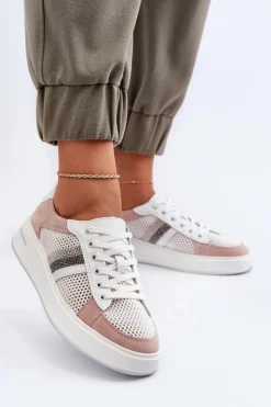 Damskie Damskie buty S.Barski Sneakersy Skórzane Damskie D&A LR110 Biało-Różowe