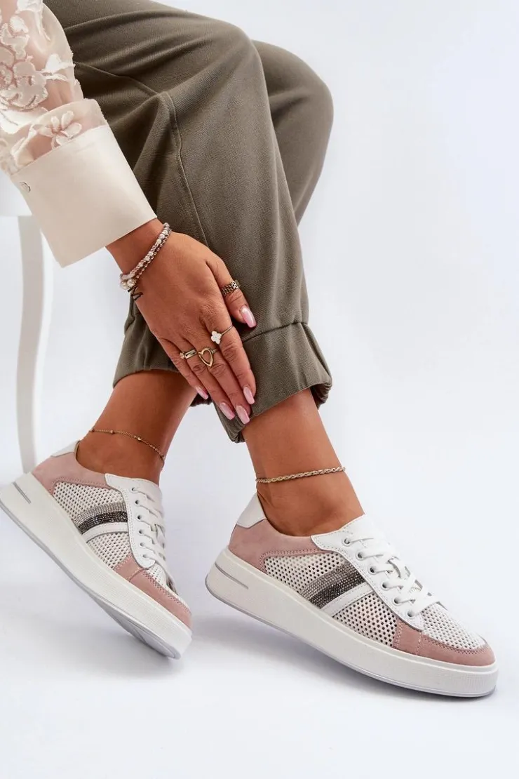 Damskie Damskie buty S.Barski Sneakersy Skórzane Damskie D&A LR110 Biało-Różowe