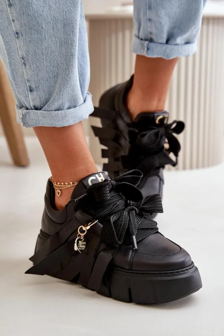 CheBello Buty Sportowe Na Platformie*Sneakersy Skórzane Damskie Na Platformie Czarne 4568