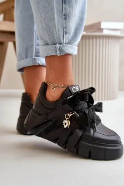 CheBello Buty Sportowe Na Platformie*Sneakersy Skórzane Damskie Na Platformie Czarne 4568