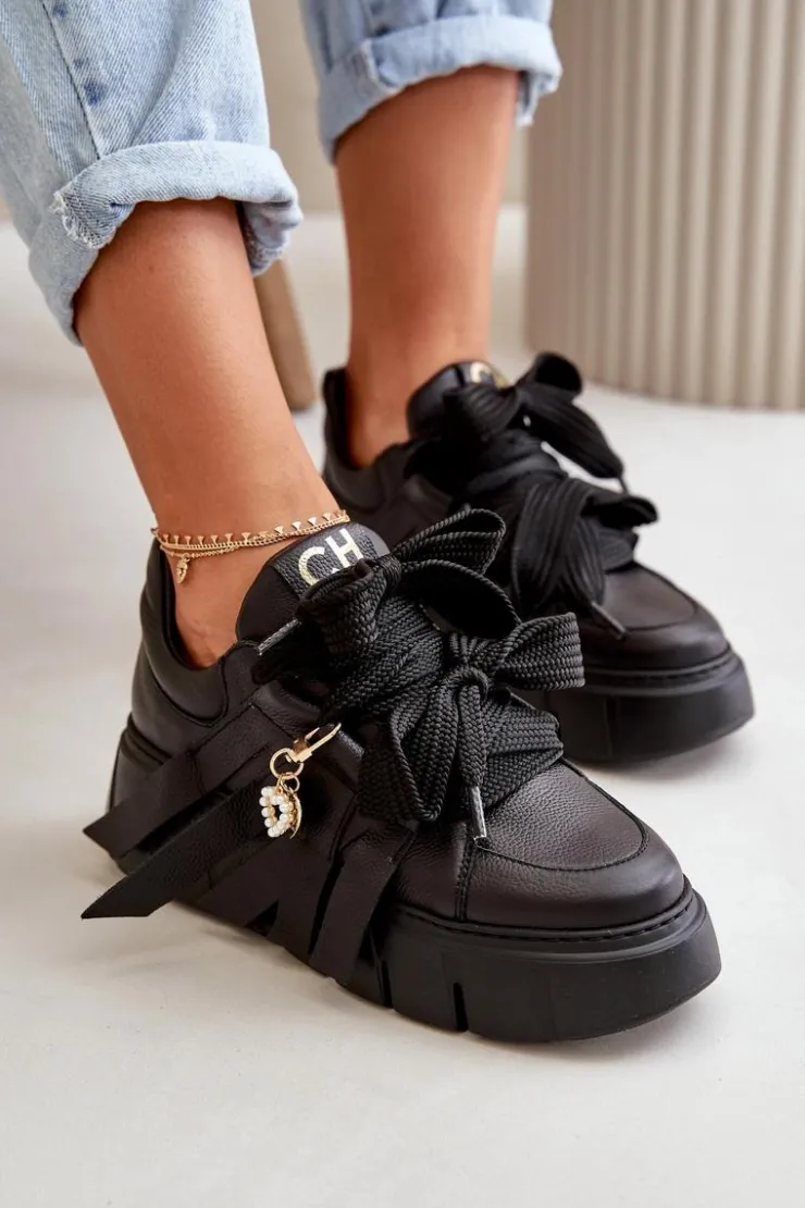CheBello Buty Sportowe Na Platformie*Sneakersy Skórzane Damskie Na Platformie Czarne 4568