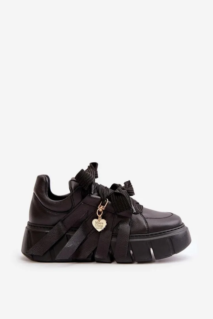 CheBello Buty Sportowe Na Platformie*Sneakersy Skórzane Damskie Na Platformie Czarne 4568