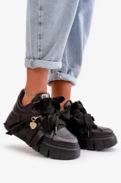 CheBello Buty Sportowe Na Platformie*Sneakersy Skórzane Damskie Na Platformie Czarne 4568