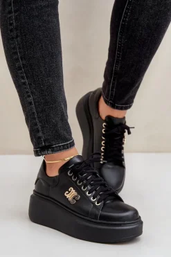 Damskie Zazoo Sneakersy Ze Skóry Naturalnej Na Platformie Złota Ozdoba Lewski 3428 Czarne