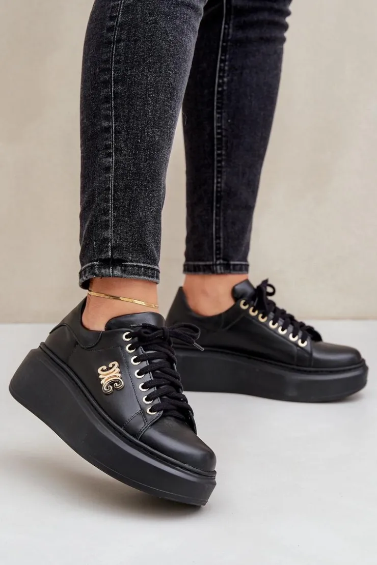 Damskie Zazoo Sneakersy Ze Skóry Naturalnej Na Platformie Złota Ozdoba Lewski 3428 Czarne
