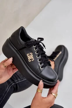 Damskie Zazoo Sneakersy Ze Skóry Naturalnej Na Platformie Złota Ozdoba Lewski 3428 Czarne