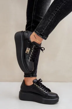 Damskie Zazoo Sneakersy Ze Skóry Naturalnej Na Platformie Złota Ozdoba Lewski 3428 Czarne