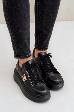 Damskie Zazoo Sneakersy Ze Skóry Naturalnej Na Platformie Złota Ozdoba Lewski 3428 Czarne
