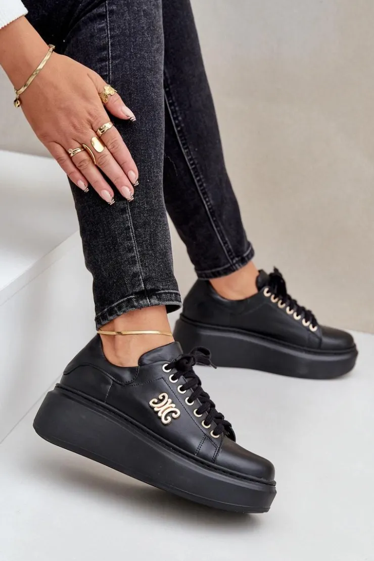 Damskie Zazoo Sneakersy Ze Skóry Naturalnej Na Platformie Złota Ozdoba Lewski 3428 Czarne
