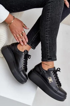Damskie Zazoo Sneakersy Ze Skóry Naturalnej Na Platformie Złota Ozdoba Lewski 3428 Czarne