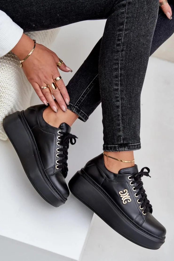 Damskie Zazoo Sneakersy Ze Skóry Naturalnej Na Platformie Złota Ozdoba Lewski 3428 Czarne