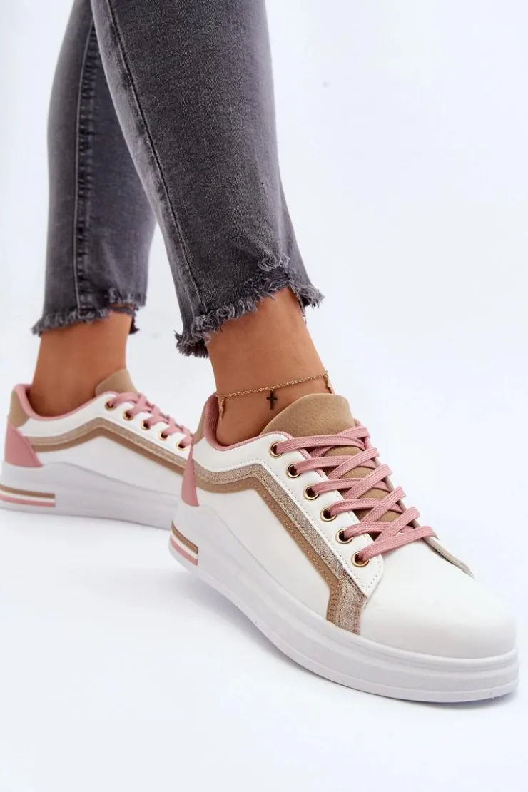 Discount Boto Sneakesy Damskie Z Brokatem Beżowe Elnami