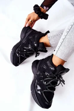Boto Sneakersy Damskie*Sportowe Buty Na Koturnie Czarne Hesane