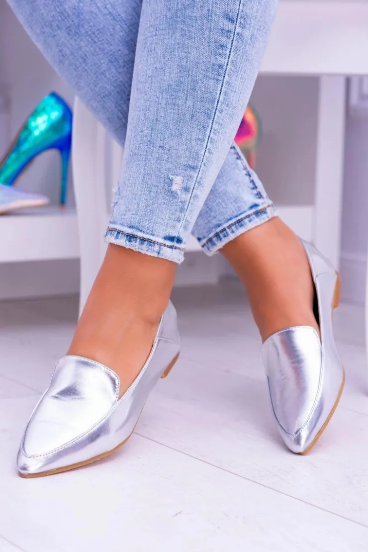 Boto Mokasyny Damskie Skórzane*Srebrne Lustrzane Mokasyny Damskie Lu Boo Mireldo