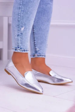 Boto Mokasyny Damskie Skórzane*Srebrne Lustrzane Mokasyny Damskie Lu Boo Mireldo