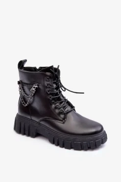 Damskie Boto Stylowe Botki Workery Na Platformie Czarne Amro