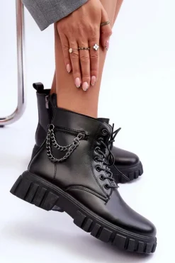 Damskie Boto Stylowe Botki Workery Na Platformie Czarne Amro