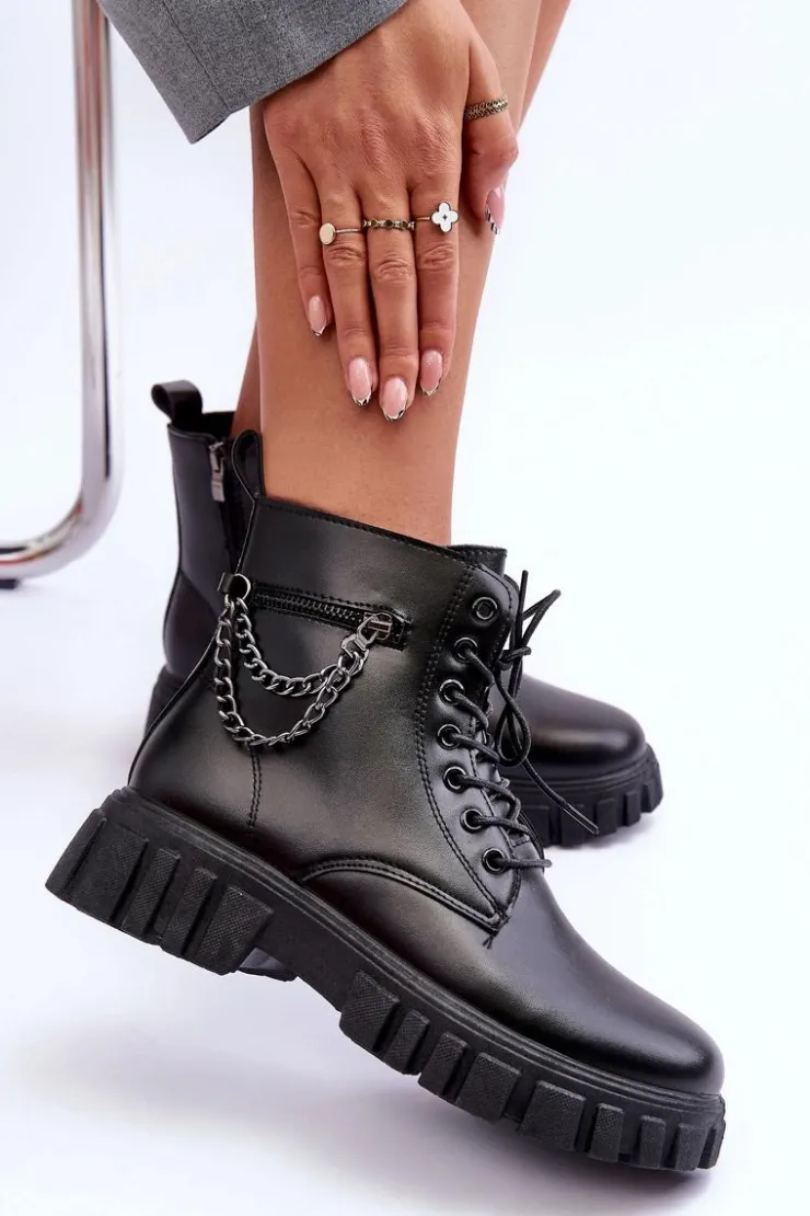 Damskie Boto Stylowe Botki Workery Na Platformie Czarne Amro