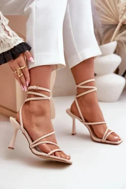 Damskie Boto Stylowe Sandały Na Szpilce Z Paskami Beżowe Saredi