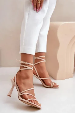 Damskie Boto Stylowe Sandały Na Szpilce Z Paskami Beżowe Saredi