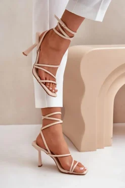 Damskie Boto Stylowe Sandały Na Szpilce Z Paskami Beżowe Saredi