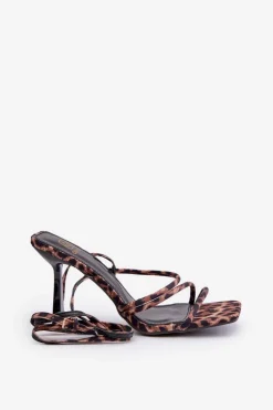 Damskie Boto Stylowe Sandały Na Szpilce Z Paskami Panterka Brązowe Saredi